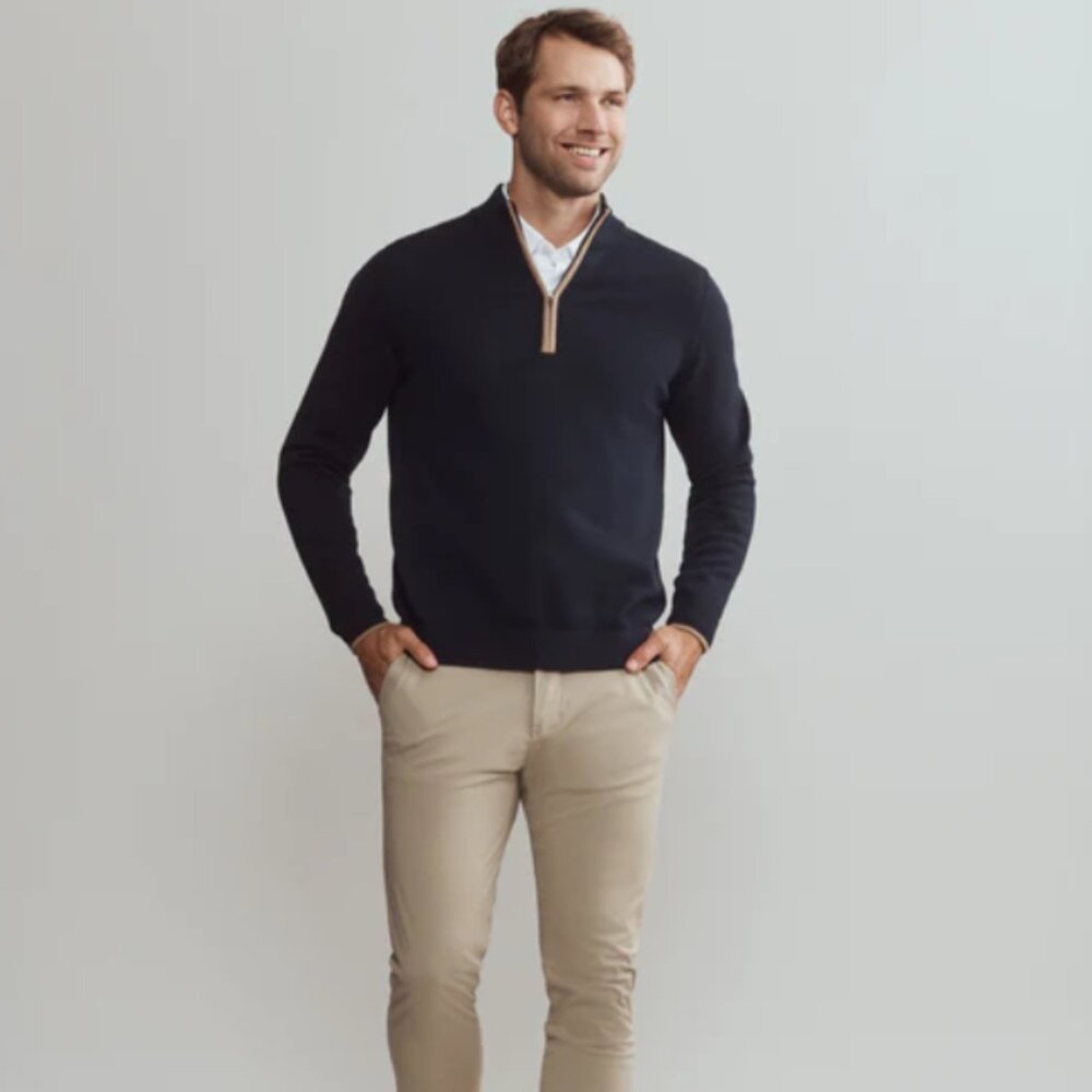 Rhone Commuter 1/4 Zip Sweater - Size Medium, True Navy/Savannah Tan - LIKE NEW